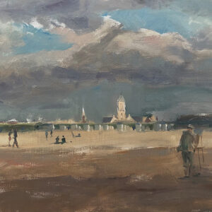 Schilder (Joost) op het strand van Katwijk