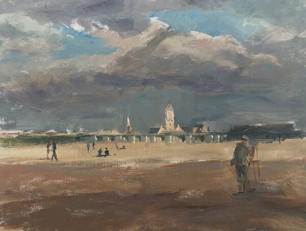 Schilder (Joost) op het strand van Katwijk