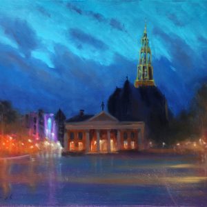 Avond, Vismarkt is een schilderij van de stad Groningen gemaakt door Jannes Koetsier