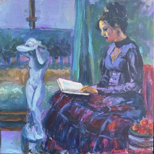 Lezen in het atelier is een acrqyl verf schilderij van kunstenaar Annemarie de Groot