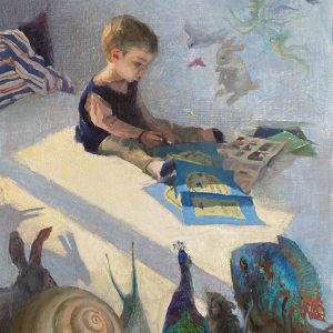 een schilderij portret van een lezend jongetje door kunstenaar Anna Maria Vargiu