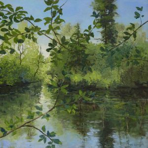 Schilderij door Marein Konijn: een gelaagd groen landschap met bomen, bossages en heldere spiegelingen in het water