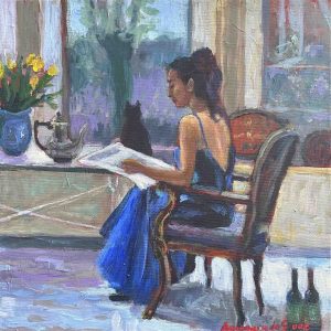 middagpauze is een schilderij van kunstenaar Annemarie de Groot van een vrouw die de krant leest