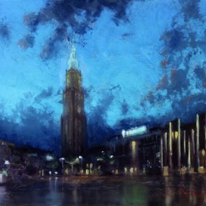 Gronings stadsgezicht bij avond van de Grote Markt, geschilderd door kunstenaar Jannes Koetsier