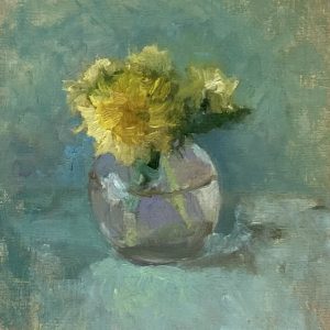 Paardenbloemen in bol vaasje is een stilleven geschilderd door kunstenaar Barbara van Haaften