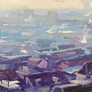 Daken binnenstad Groningen in de winter is een schilderij van de stad geschilderd door Joost Doornik