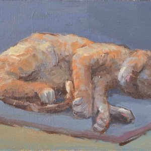 Eindelijk rust is een schilderij van een slapende kat geschilderd door kunstenaar Edwin Grissen
