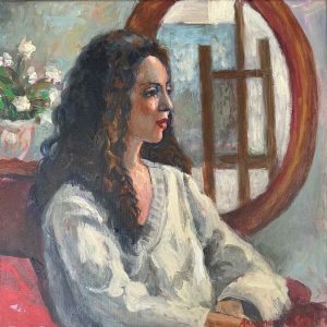 In het atelier is een schilderij van een vrouw geschilderd door Annemarie de Groot