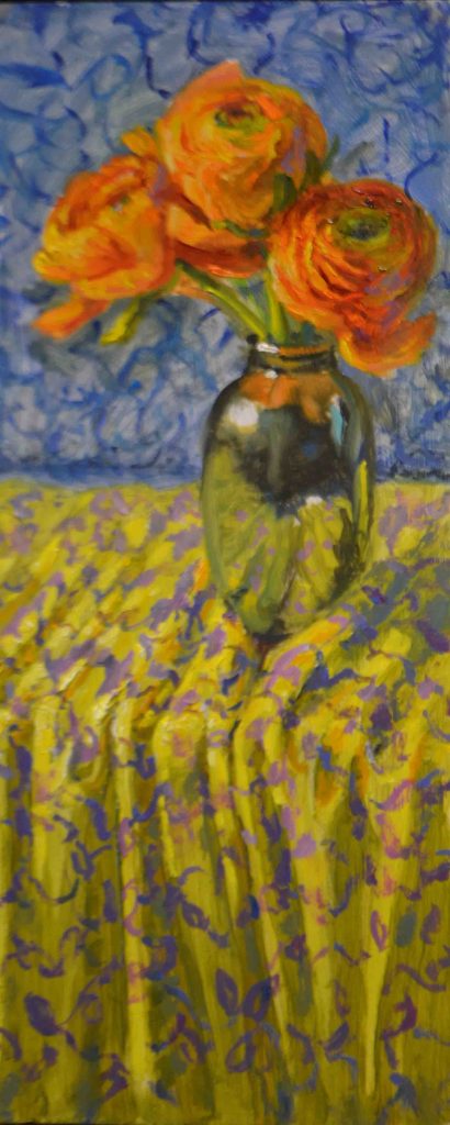 Drie ranonkles is een stilleven van bloemen geschilderd door kunstenaar Keimpe van der Kooi