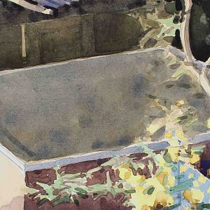 Rear window - lente is een aquarel van een Gronings stadsgezicht door kunstenaar Manuel Remerie