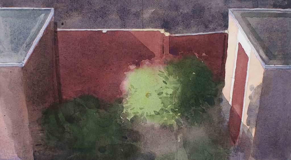 Rear window - rode schutting is een aquarel van een Gronings stadsgezicht gemaakt door kunstenaar Manuel Remerie