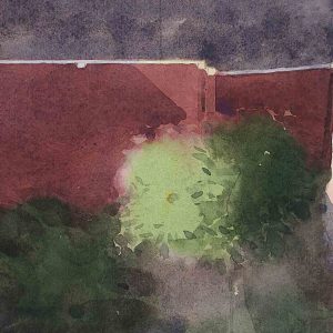 Rear window - rode schutting is een aquarel van een Gronings stadsgezicht gemaakt door kunstenaar Manuel Remerie