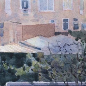 Rear window - krulhazelaar is een aquarel van een Gronings stadsgezicht door kunstenaar Manuel Remerie