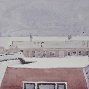 Besneeuwde daken is een aquarel van de stad Groningen gemaakt door kunstenaar Manuel Remerie