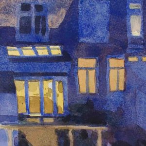 Rear window - het blauwe uur is een aquarel van een Groinngs stadsgezicht gemaakt door kunstenaar Manuel remerie
