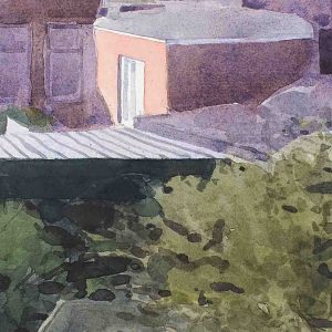 Rear window laag zonnetje is een aquarel van een Gronings stadsgezicht gemaakt door kunstenaar Manuel Remerie