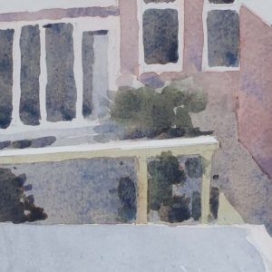 Rear window - grijze dag is een aquarel van een Gronings stadsgezicht door kunstenaar Manuel remerie