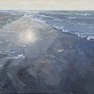 Een dag bij het strand, reflectie is een schilderij van de vloedlijn geschilderd door Marein Konijn