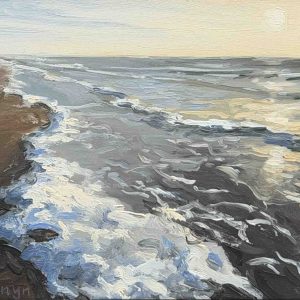 Een dag bij het strand, schuim is een schilderij van de vloedlijn aan zee geschilderd door kunstenaar Marein Konijn