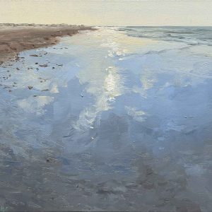 Een dag bij het strand, spiegel is een schilderij van de zee en het strand geschilderd door kunstenaar Marein Konijn
