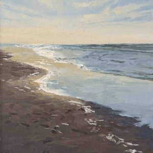 Een dag bij het strand, vloedlijn is een landschap schilderij van het strand en de zee van Marein Konijn