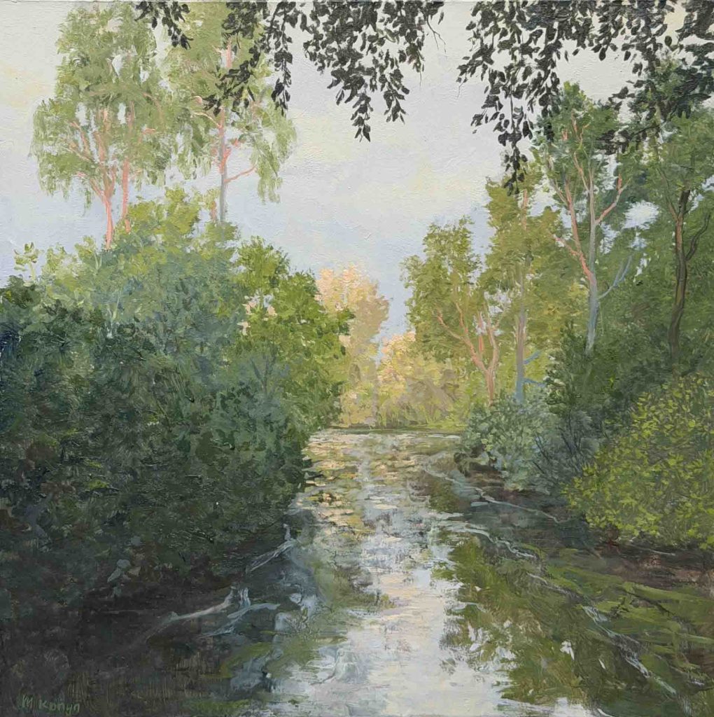 Een helder moment is een schilderij van een landschap, een doorkijkje over een sloot geschilderd door Marein Konijn