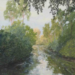 Een helder moment is een schilderij van een landschap, een doorkijkje over een sloot geschilderd door Marein Konijn