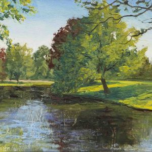 Het Noorderplantsoen, bij het water is een schilderij van een stadsgezicht van Groningen, geschilderd door Marein Konijn