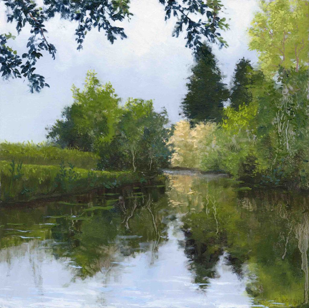 Verandering in de lucht is een sfeervol landschap van water en bomen geschilderd door kunstenaar Marein Konijn
