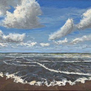 Wegdromen bij de branding is een schilderij van de zee in blauwtinten geschilderd door Marein Konijn