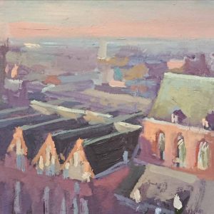 Martinikerk in ondergaande zon is een stadsgezicht van Groningen geschilderd door Joost Doornik