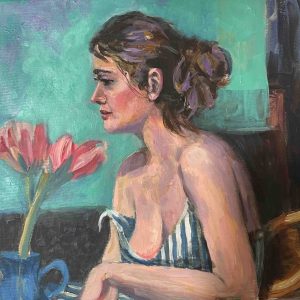 Meisje met Ammarillus is een schilderij van een vrouw geschilderd door Annemarie de Groot