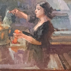 Niloufar aan de citruspers is een schilderij van een interieur met een vrouw geschilderd door Joost Doornik