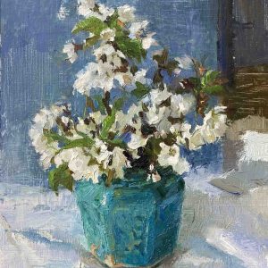 Prunus in gemberpot is een schilderij van een plant geschilderd door kunstenaar Anna Maria Vargiu