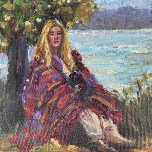 Wegdromen bij het meer is een schilderij van een vrouw bij het meer geschilderd door Annemarie de Groot