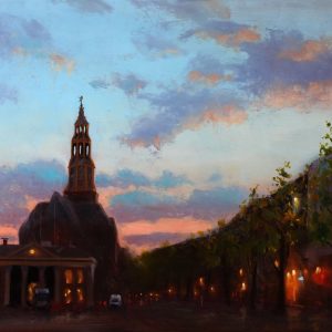 Avond Vismarkt is een stadsgezicht geschilderd door kunstenaar Jannes Koetsier