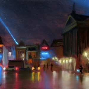 Gezellige avond is een stadsgezicht van Groningen geschilderd door Jannes Koetsier