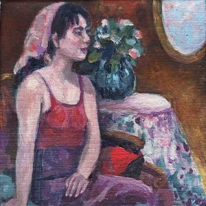 Meisje met rood kussen is een schilderij van een vrouw gemaakt door Annemarie de Groot