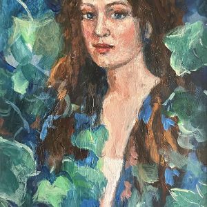 Tussen de bladeren is een portret van een vrouw geschilderd door Annemarie de Groot