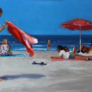 een landschapschilderij van een strand in blauw tinten geschilderd door Jannes Koetsier