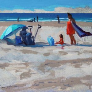 moeder en kind is een strand tafereel geschilderd door Jannes Koetsier