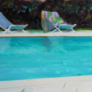 Zwembad Villedieu is een schilderij van een zwembad in blauw en groen tinten geschilderd door Jannes Koetsier