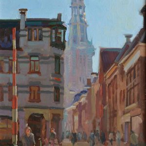 A-kerk in ochtendlicht is een stadsgezicht van Groningen geschilderd door Joost Doornik