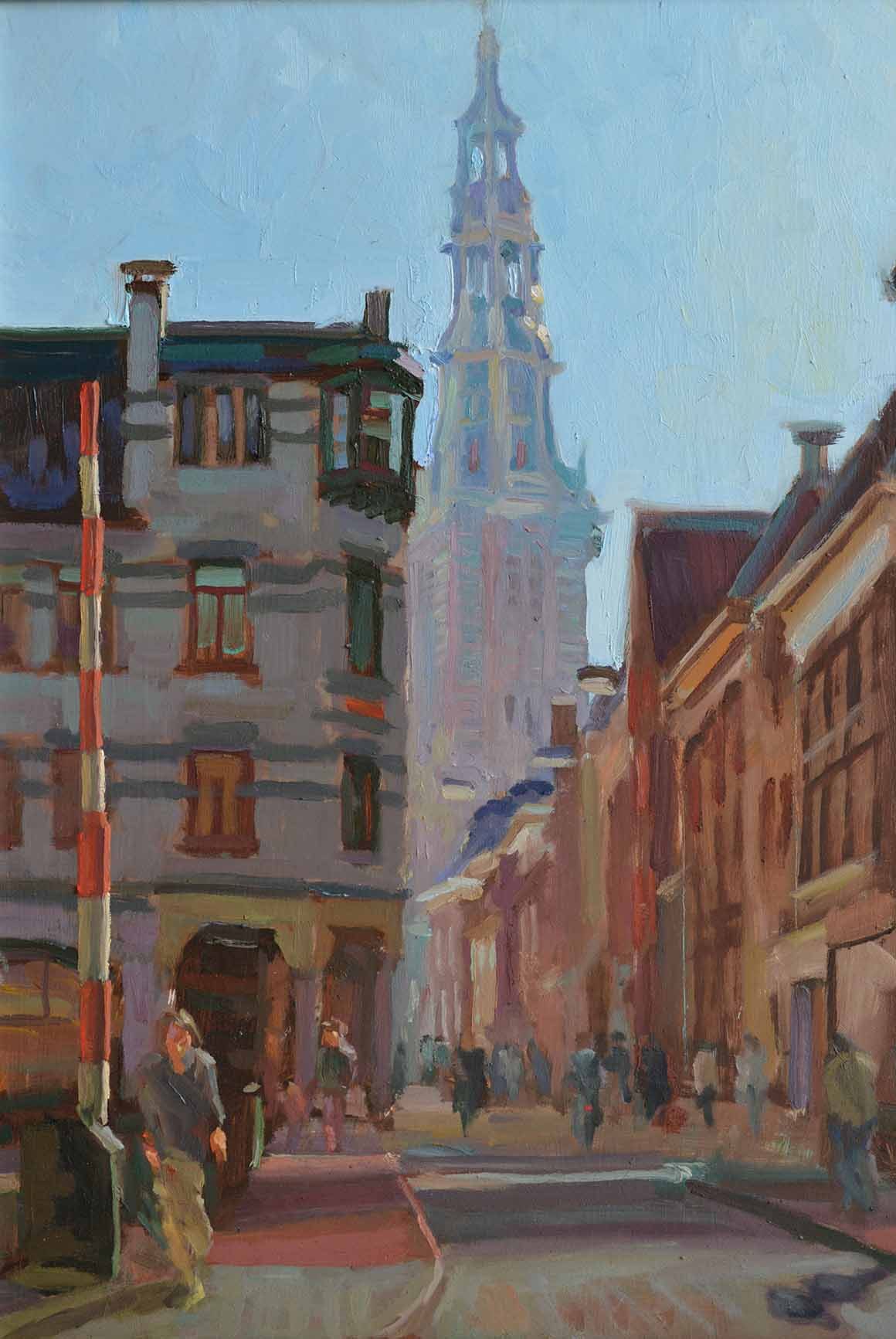 A-kerk in ochtendlicht is een stadsgezicht van Groningen geschilderd door Joost Doornik