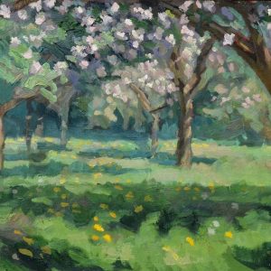 Appelbloesem, Landgoed Fraeylemaborg is een schilderij van een landschap met appelbomen in bloei geschilderd door Joost Doornik