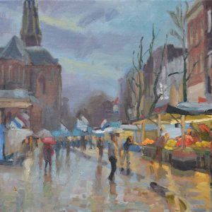 Eindejaars Vismarkt is een stadsgezicht van Groningen geschilderd door Joost Doornik