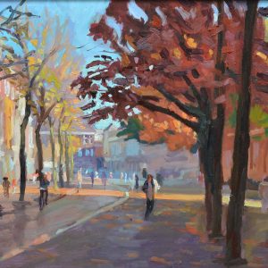 Herfst op het A-kerkhof is een schilderij van een stadsgezicht van Groningen geschilderd door Joost Doornik