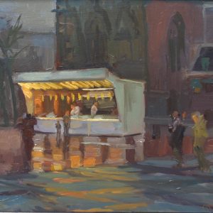 Oliebollenkraam op Grote Markt is een stadsgezicht van Groningen geschilderd door Joost Doornik