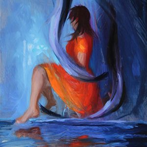 Tangled up in blue is een schilderij van een vrouw geschilderd door Jannes Koetsier