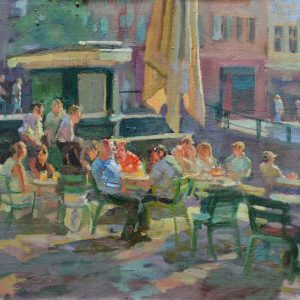 Terras de sigaar is een schilderij van een Gronings stadsgezicht geschilderd door Joost Doornik